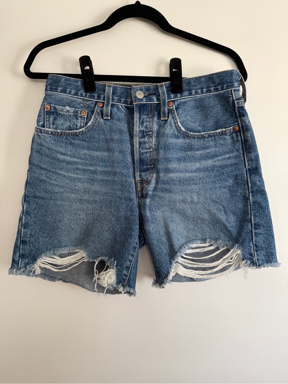 Levi’s 501 Mid Thigh Distressed Denim Shorts